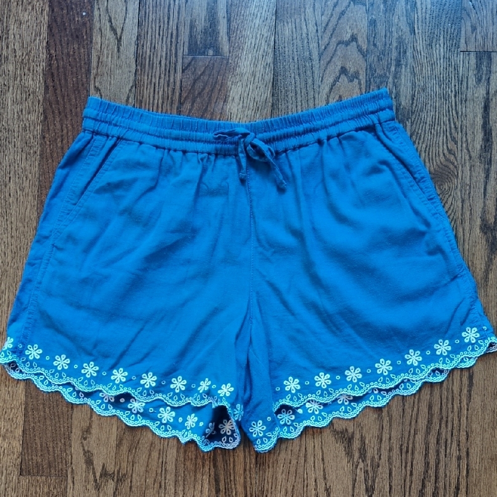 J. Crew Factory Blue Embroidered Elastic Waist Linen Blend Drawstring Shorts